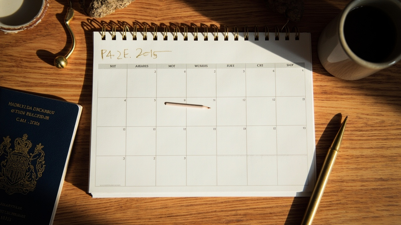 Overhead view of a paper desk calendar with a 14-day-out marker, beside a closed Australian passport on a warm wooden desk