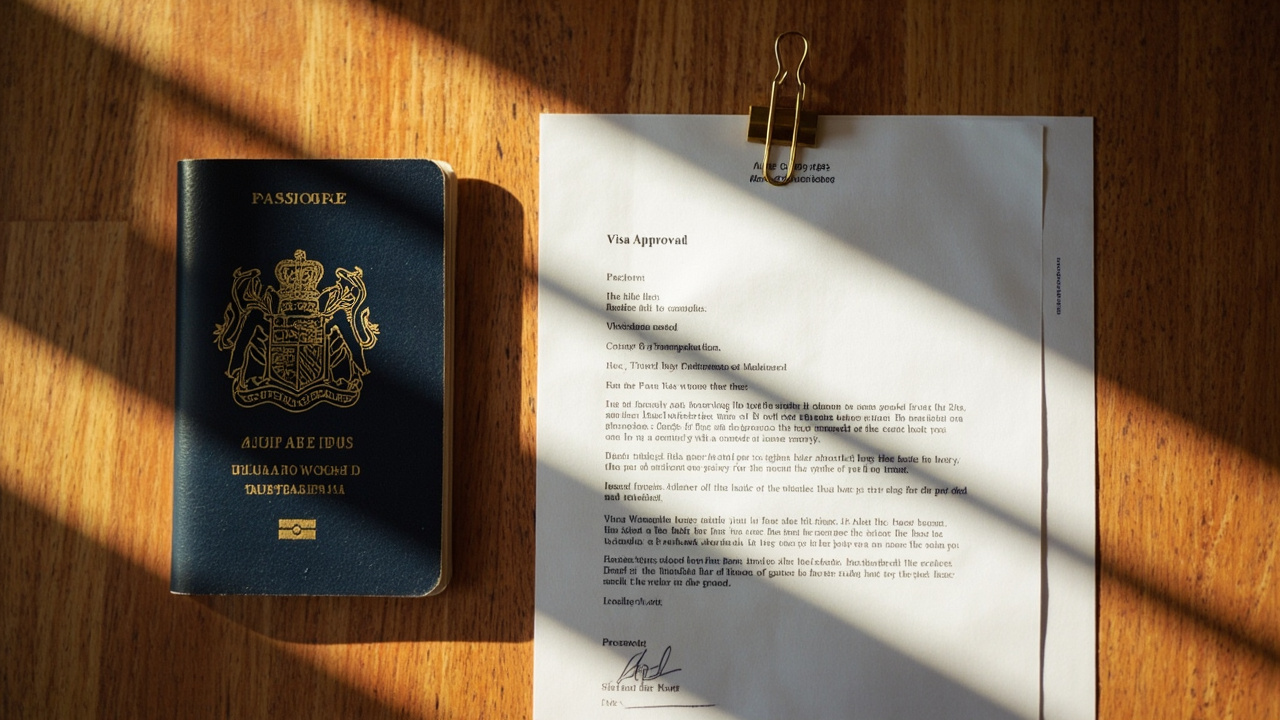 Overhead view of a closed Australian passport beside a folded printed A4 visa approval sheet on a warm wooden desk