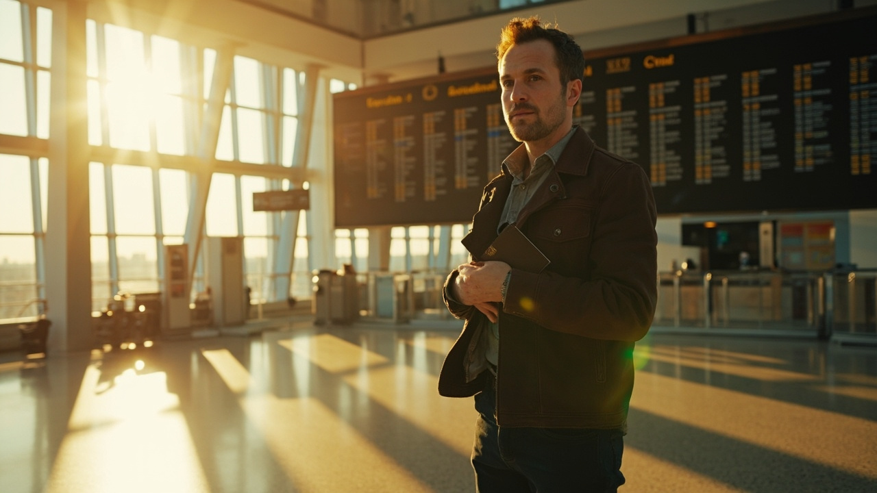 Australian traveller standing calmly in front of a sunlit airport departure board with a closed Australian passport in hand