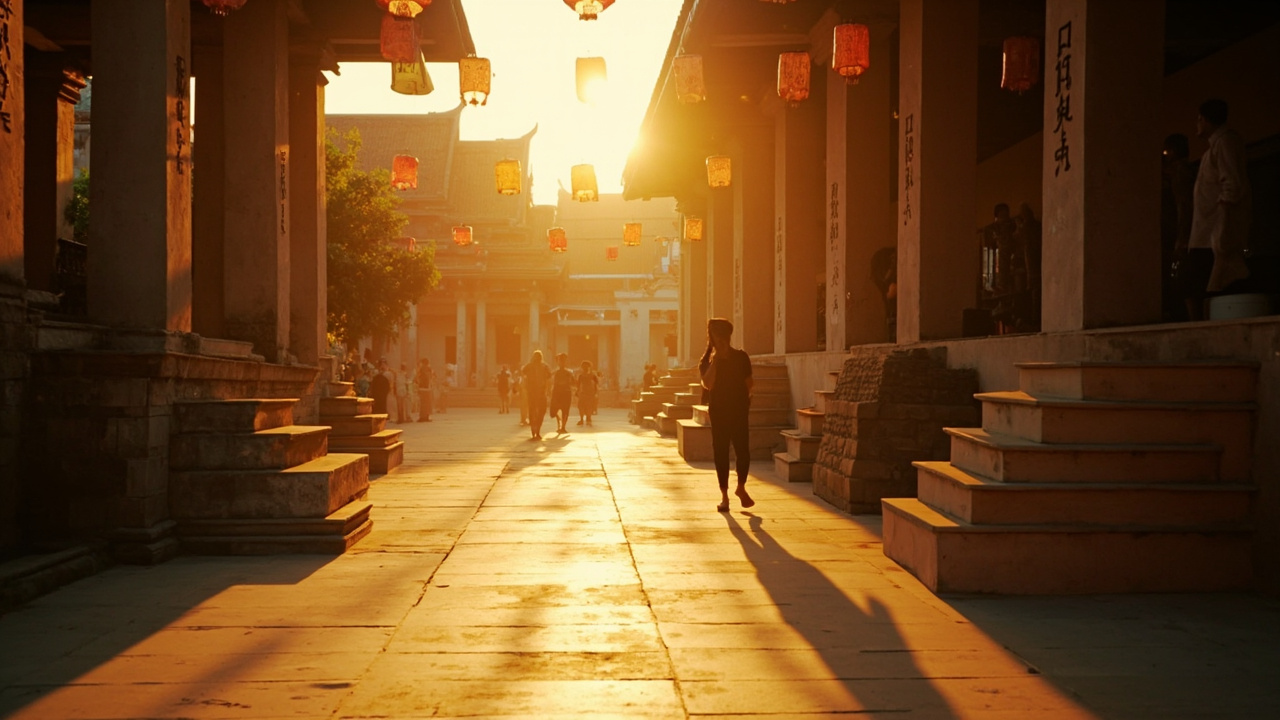 Quiet warm-light Cambodian temple courtyard with soft festival ambience and lanterns at golden hour