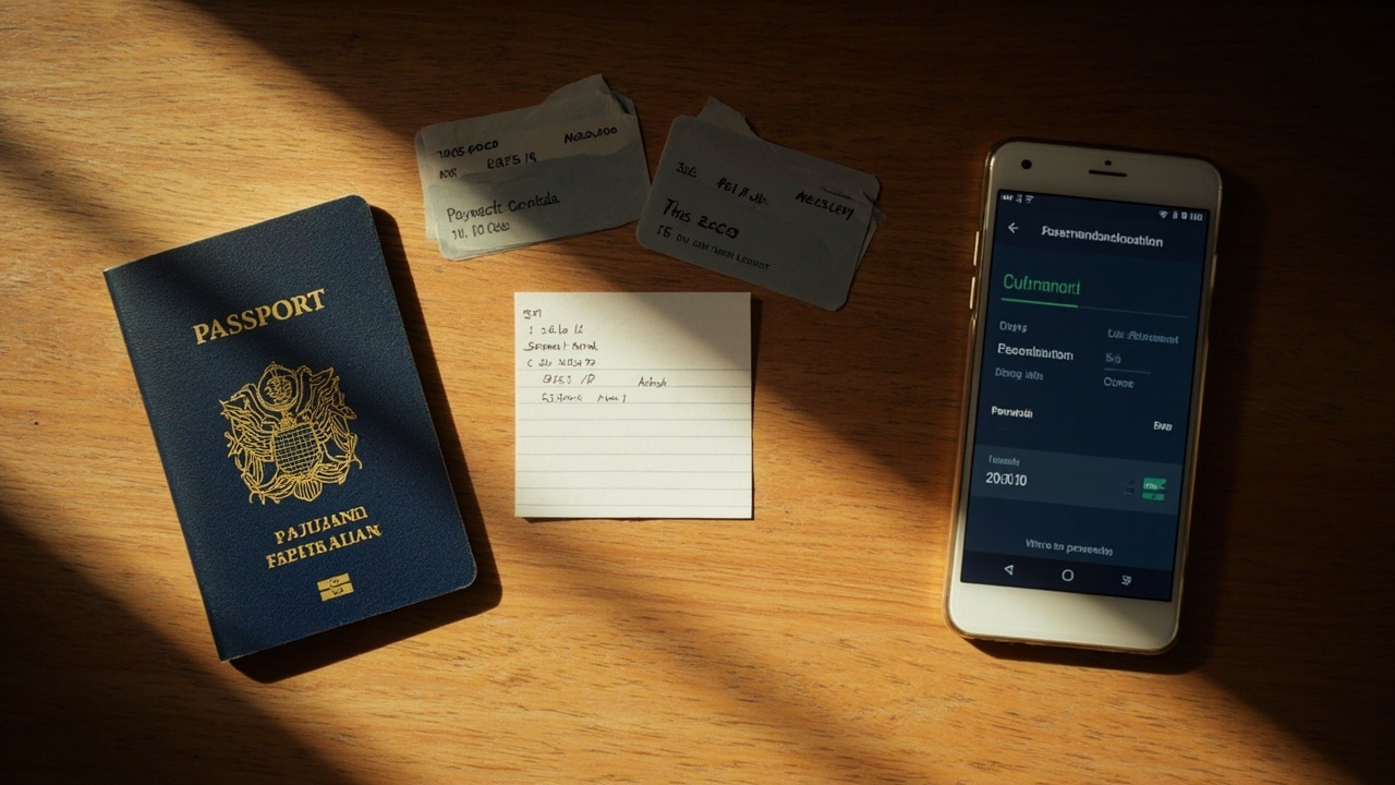 Overhead flat-lay of an Australian passport, two unmarked payment cards, a price index card, and a smartphone with a generic payment UI