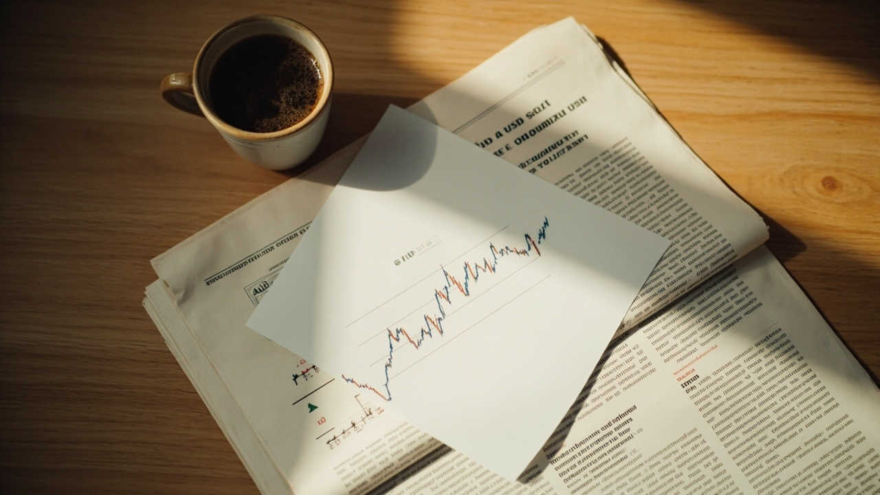 Editorial overhead of a folded newspaper page with a generic currency chart, a coffee mug, and a folded paper with handwritten AUD over USD