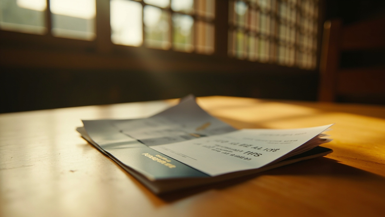 Closed Australian passport on a warm wooden surface with a folded A4 printed eVisa PDF tucked partway in, soft natural window light behind