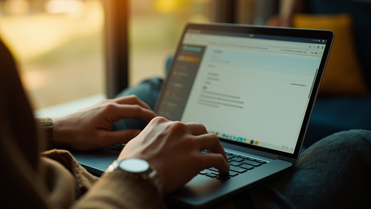 Close-up of hands holding a laptop showing a generic email inbox with a highlighted receipt in soft afternoon light