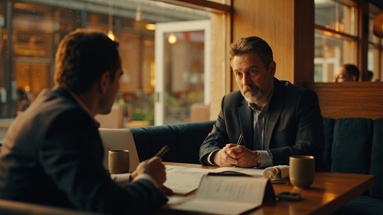 Two business travellers in casual business attire meeting over coffee at a sunlit cafe table with notebooks and a laptop