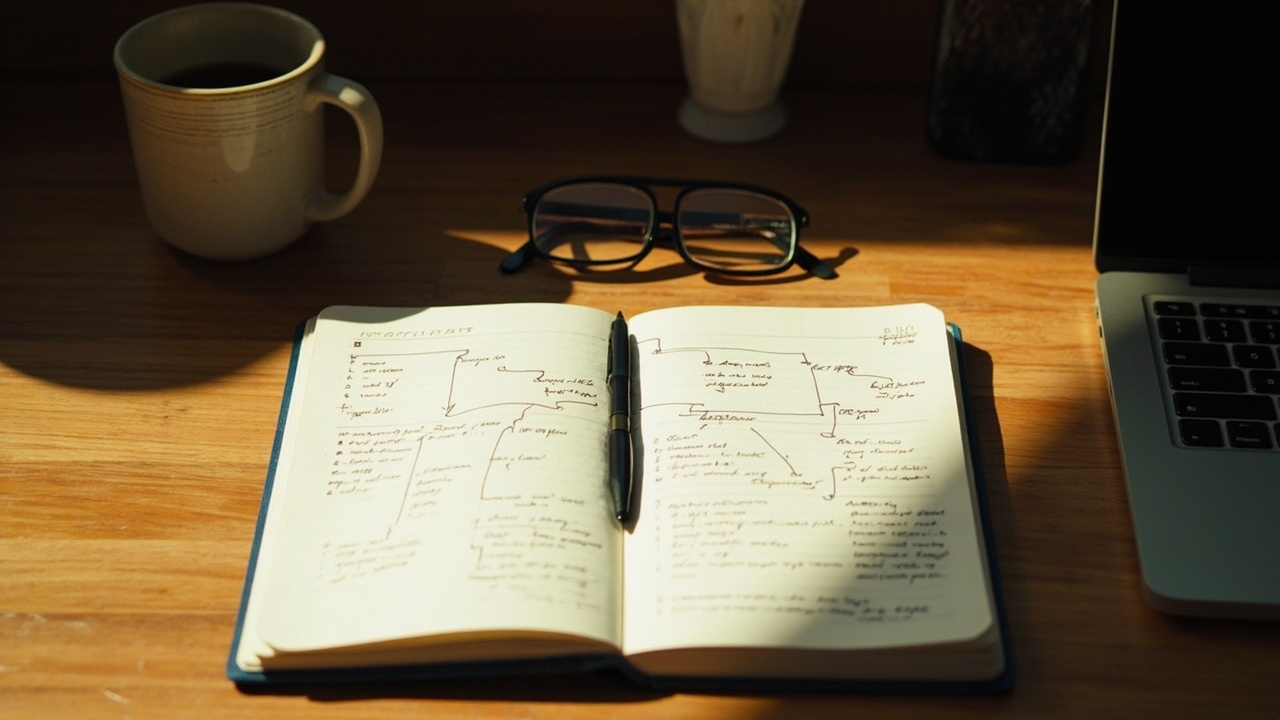 Close-up of an open paper notebook with handwritten decision-tree style notes and a pen beside a closed laptop on a warm timber desk