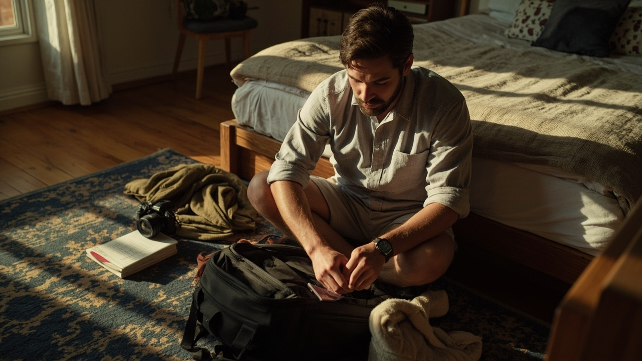 Solo Australian leisure traveller in casual clothes packing a small backpack with a paper guidebook and camera in warm window light