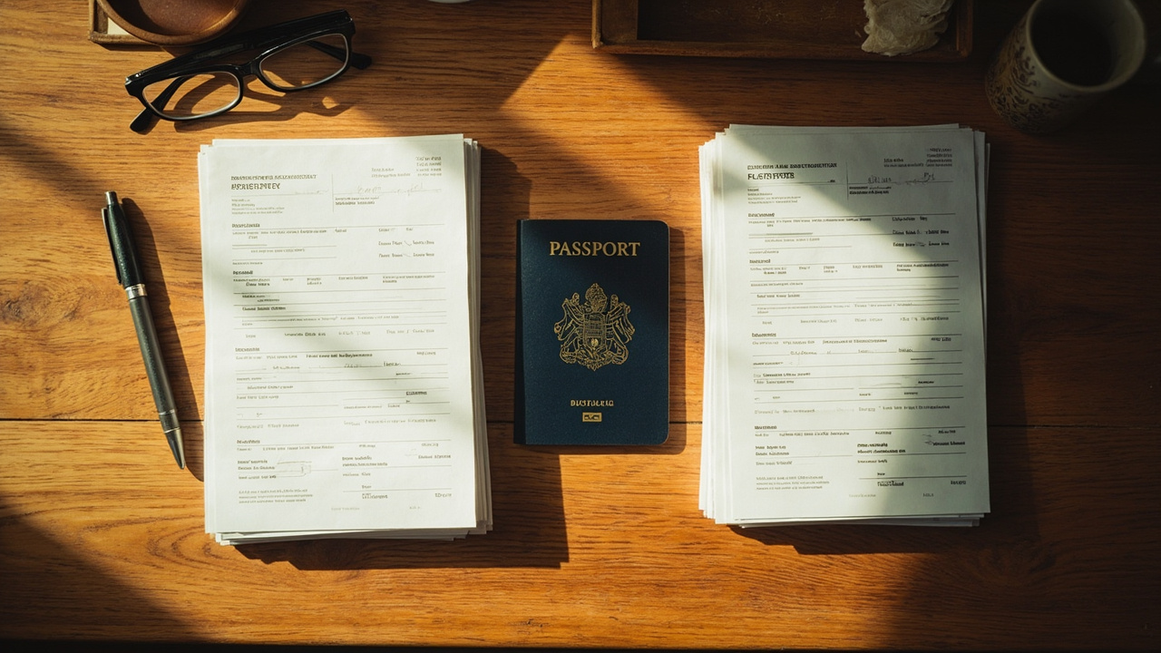 Overhead flat-lay of two neatly stacked sets of generic application papers on a warm wooden desk in soft natural light