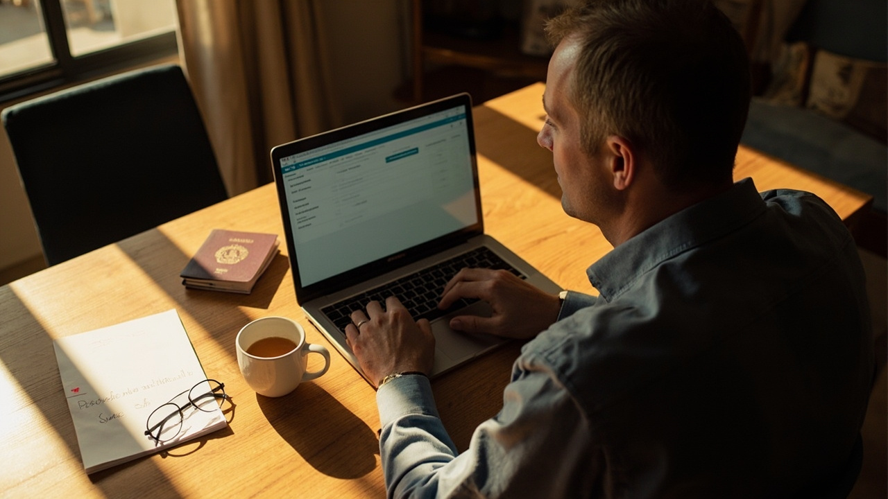Australian traveller at a warm timber home desk reviewing a single-line generic checkout total on a laptop in soft afternoon window light