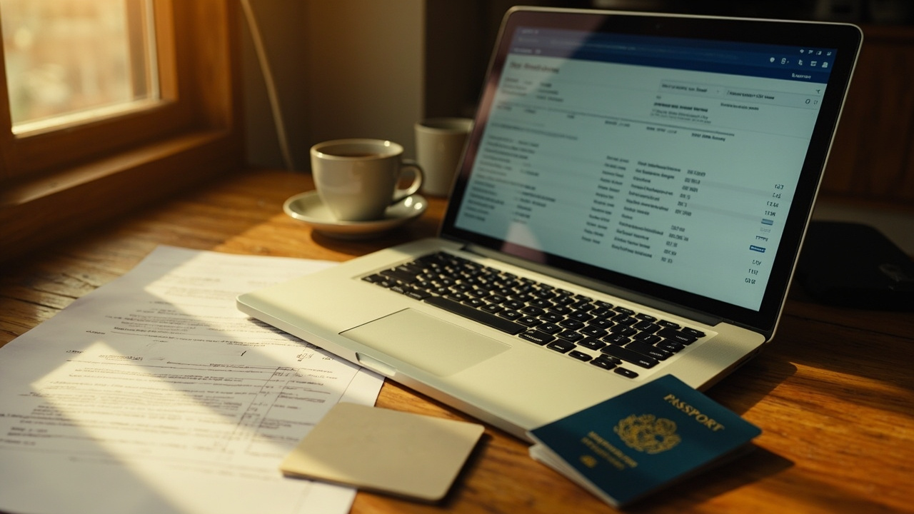 Close-up of a laptop screen showing a generic banking statement layout in warm afternoon light