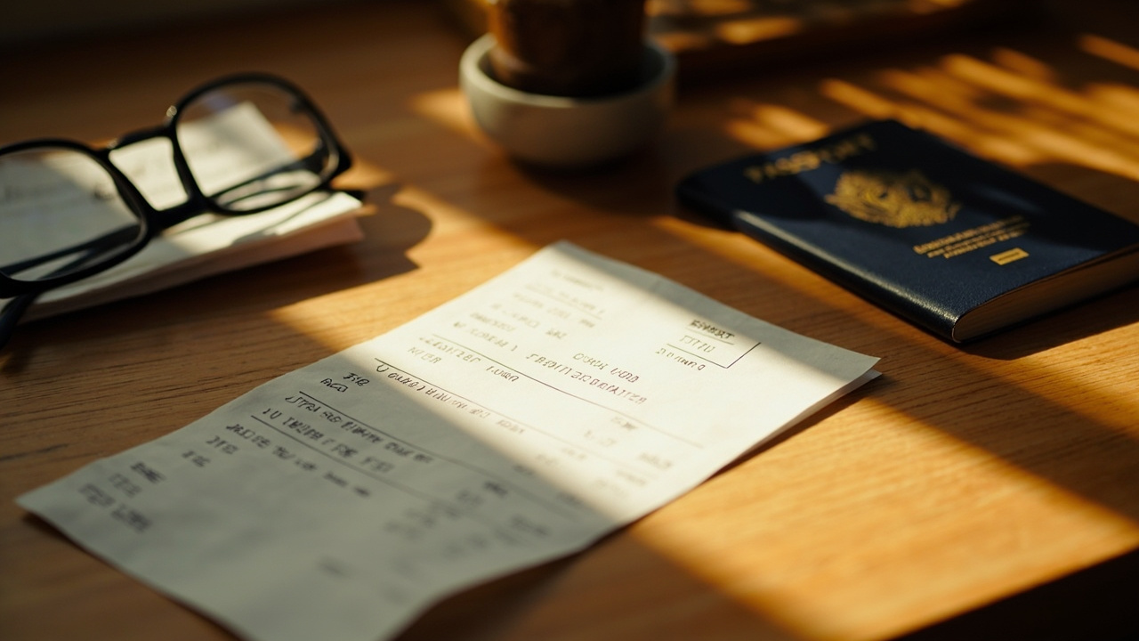 Close-up of a printed paper receipt with a single line item and total on a warm wooden desk in soft natural light