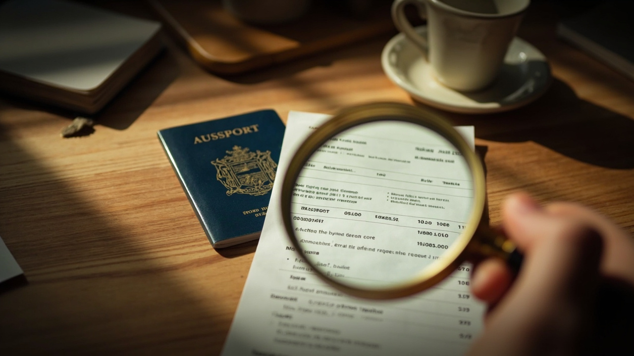 Editorial close-up of a vintage brass magnifying glass over a generic printed receipt on a warm wooden desk in soft window light