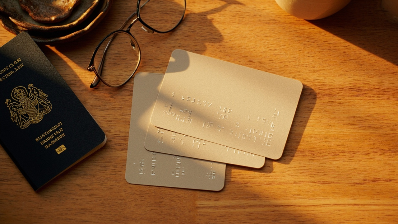Overhead flat-lay of three neutral matte cards arranged on a warm wooden desk beside a closed Australian passport