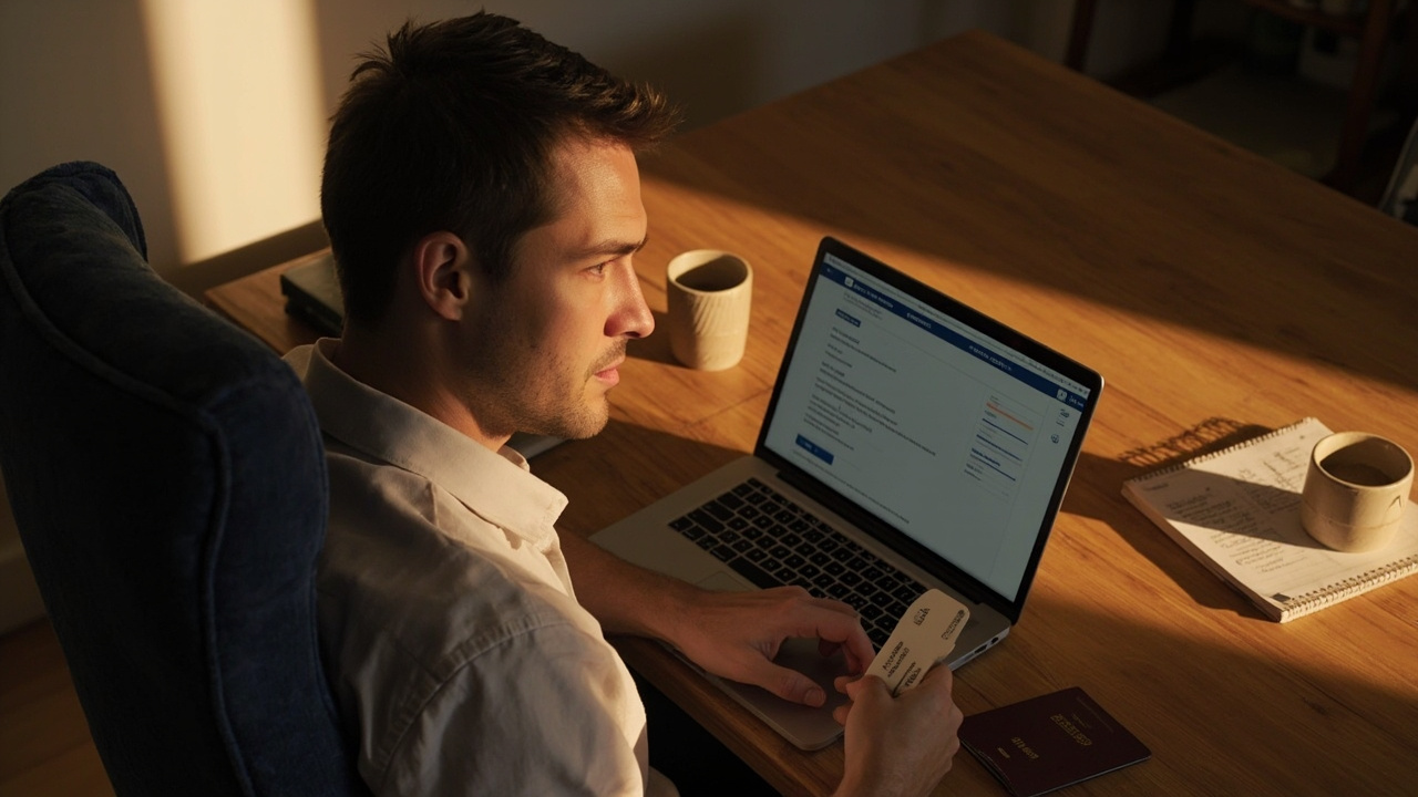 Australian traveller paying for a generic online checkout with a neutral matte card at a warm timber desk in soft afternoon window light