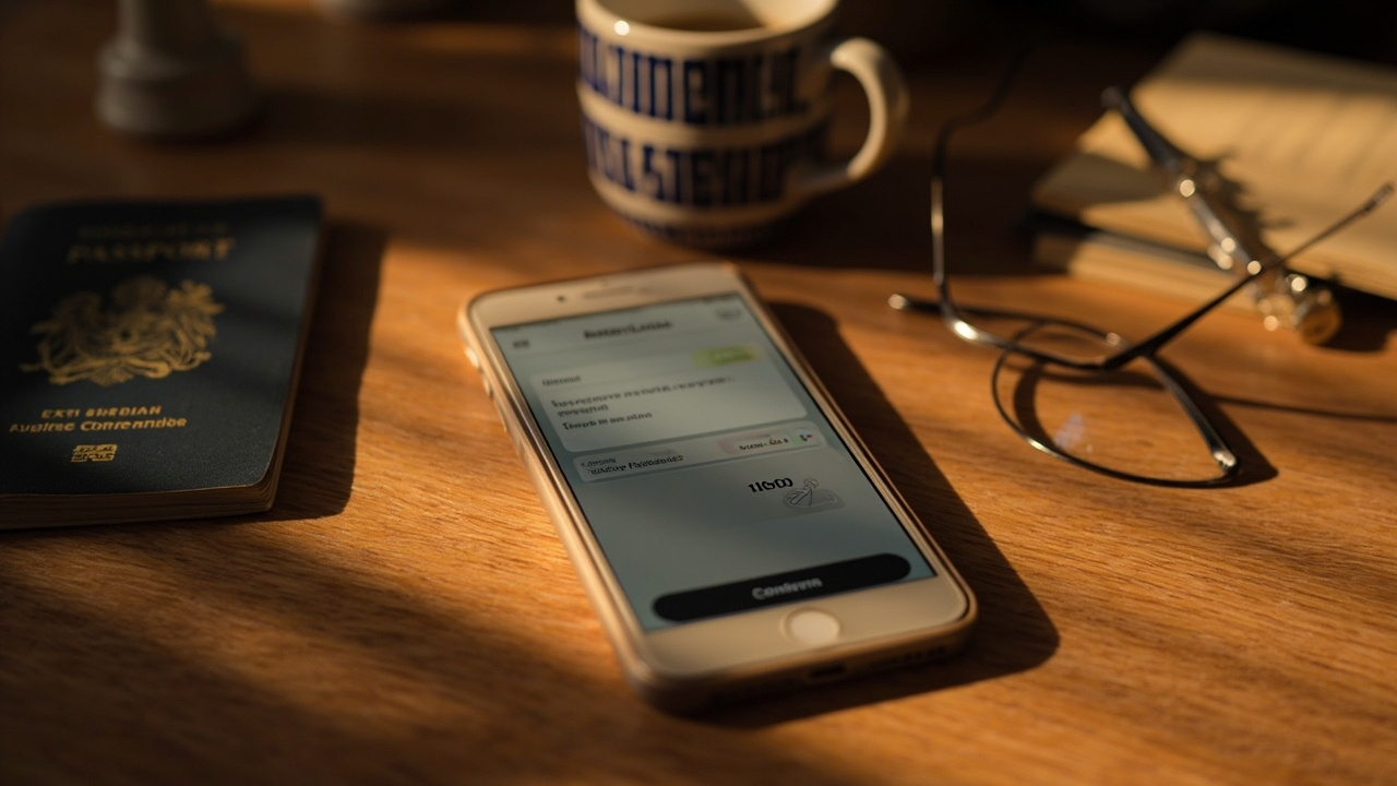 Close-up of a smartphone displaying a generic mobile wallet payment screen on a warm wooden desk in soft natural light