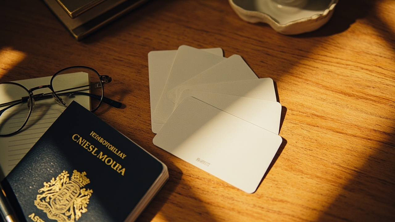 Overhead flat-lay of four neutral matte cards fanned out on a warm timber desk beside a closed Australian passport