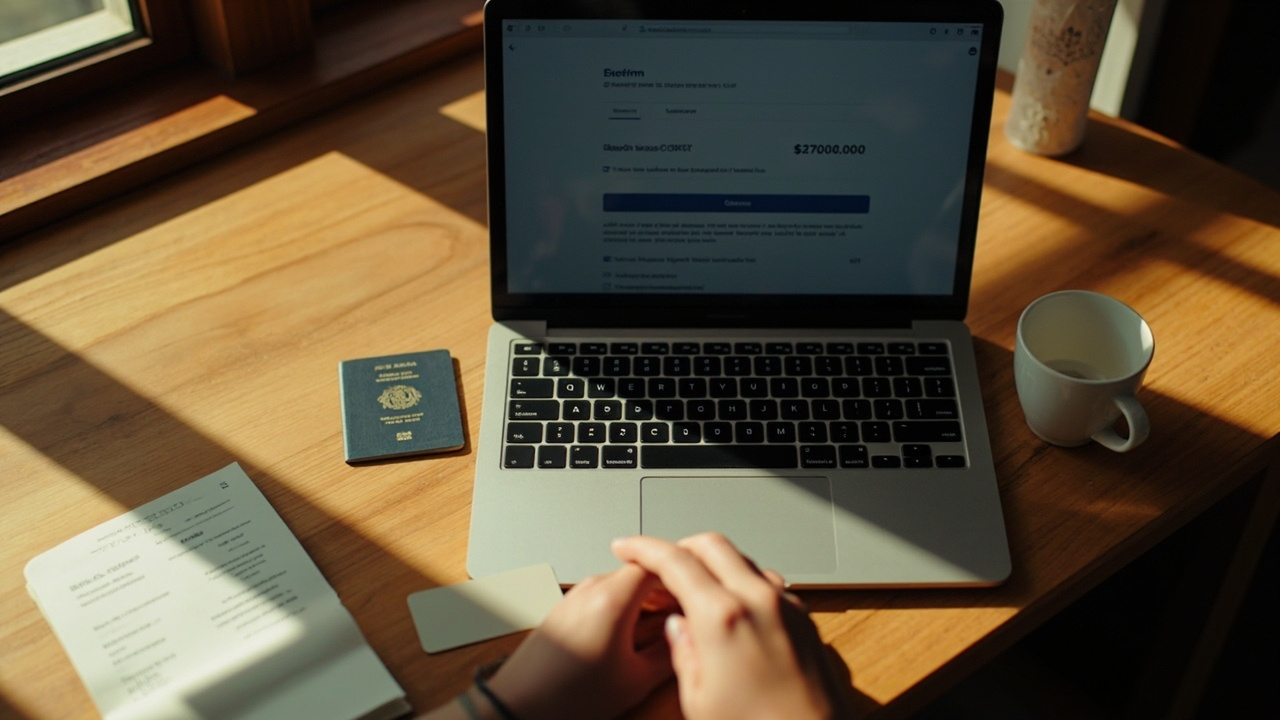 Australian traveller hand hovering over a laptop trackpad to confirm a generic checkout in warm afternoon light