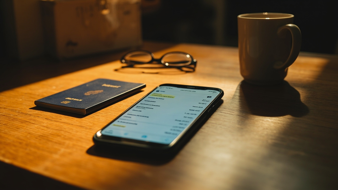 Close-up of a smartphone showing a generic banking app transaction list with two adjacent line items in soft warm window light