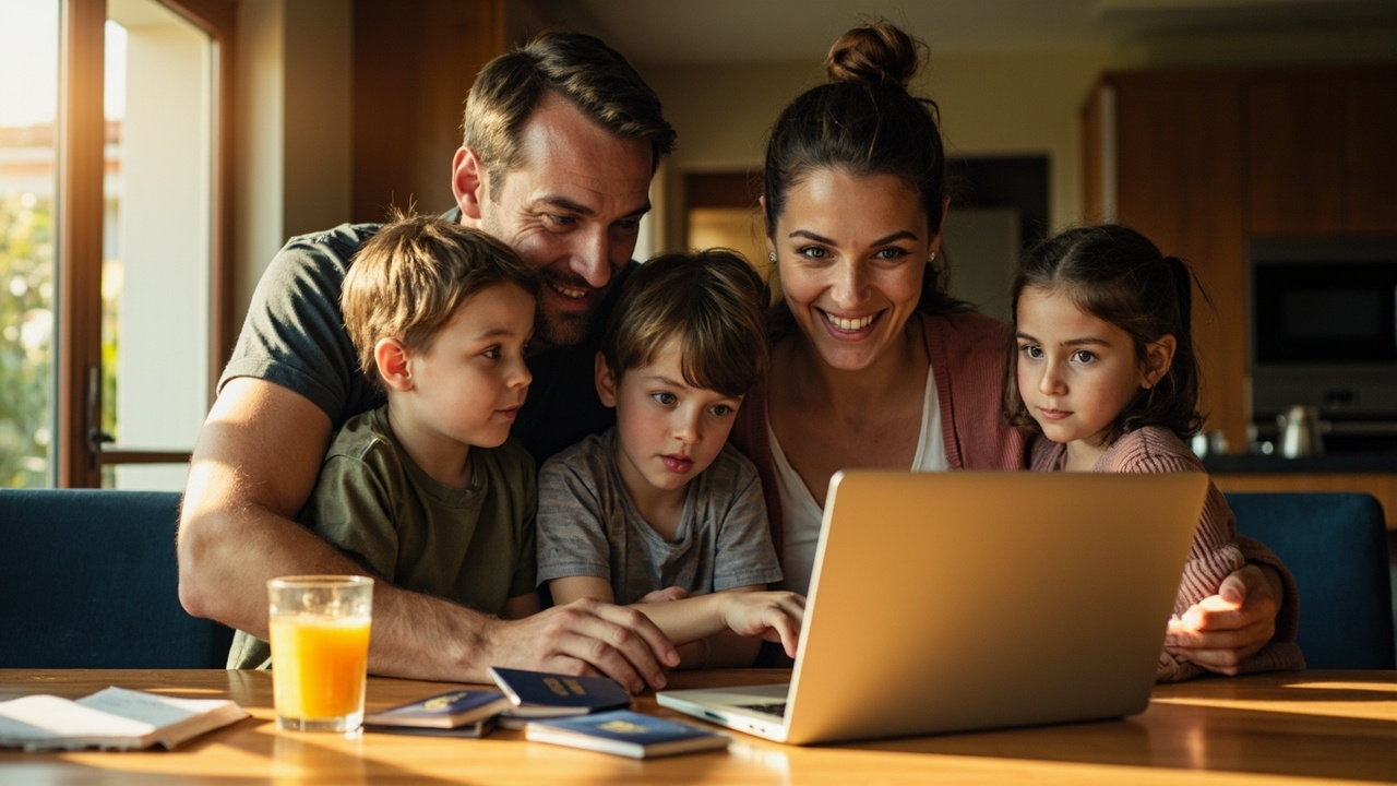 Australian family of four planning a Cambodia trip together at a warm timber kitchen table with four passports and a laptop in soft morning light