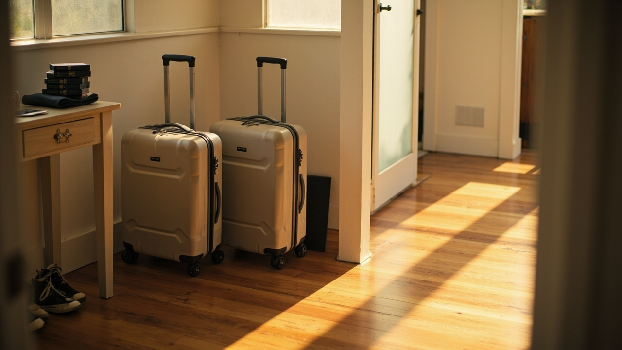 Two adult and two smaller suitcases in a tidy Aussie suburban hallway ready for a family Cambodia trip in warm morning light