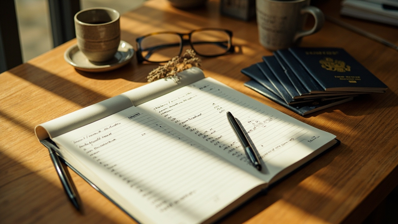Open paper notebook on a warm timber desk showing handwritten trip-budget columns with four passports beside it in soft window light
