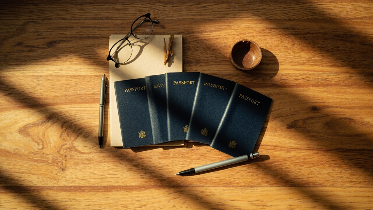 Overhead flat-lay of four closed family passports of slightly varying sizes fanned on a warm timber surface beside a small notebook and pen