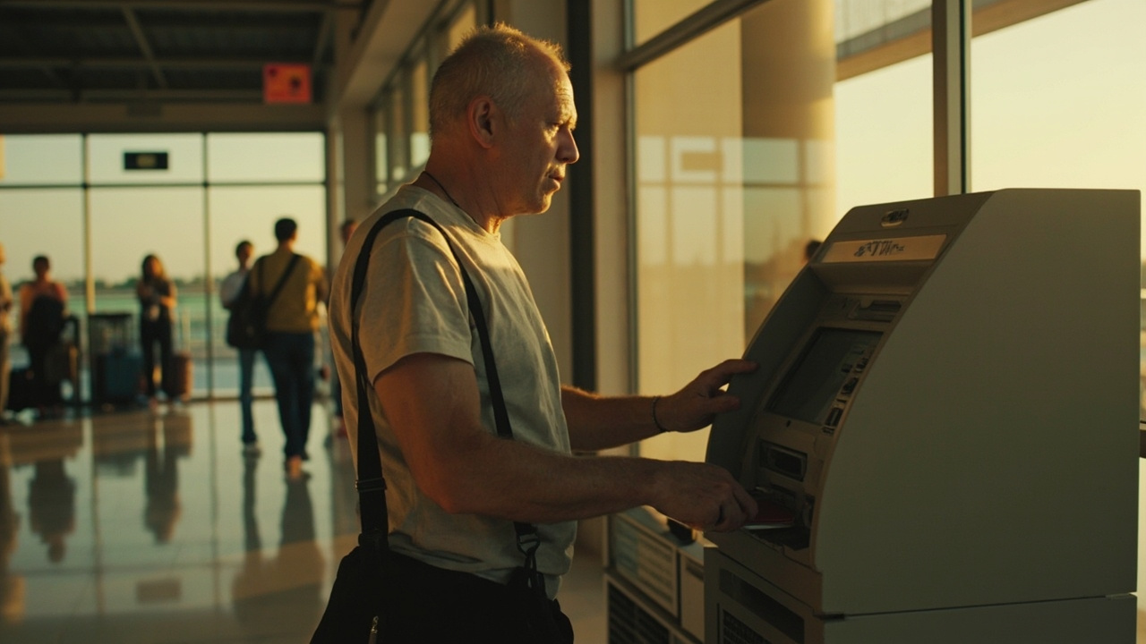 Australian traveller using a generic ATM inside a Cambodian airport arrival hall in warm afternoon light