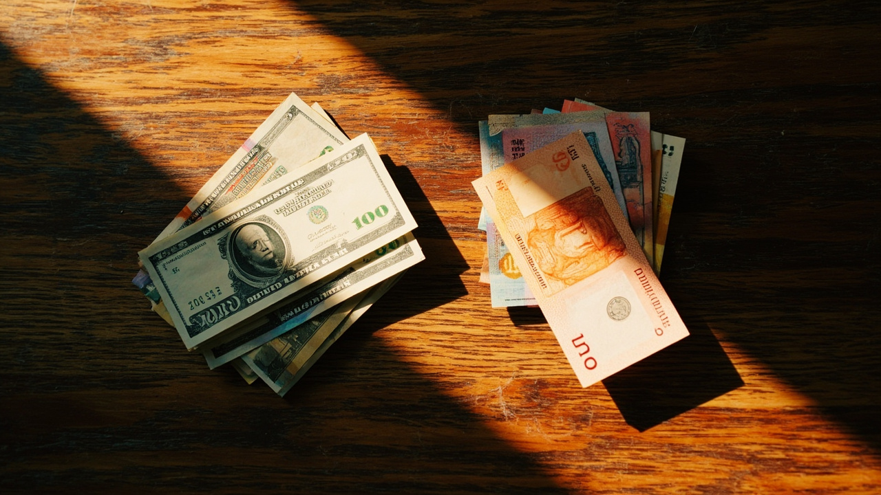 Overhead close-up of crisp banknotes resembling USD and Cambodian Riel arranged on a warm wooden surface