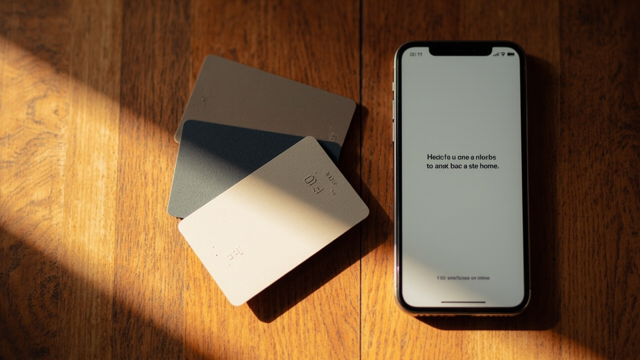 Clean flat-lay of three plain credit and debit cards beside a smartphone showing a generic payment screen on a warm wooden surface