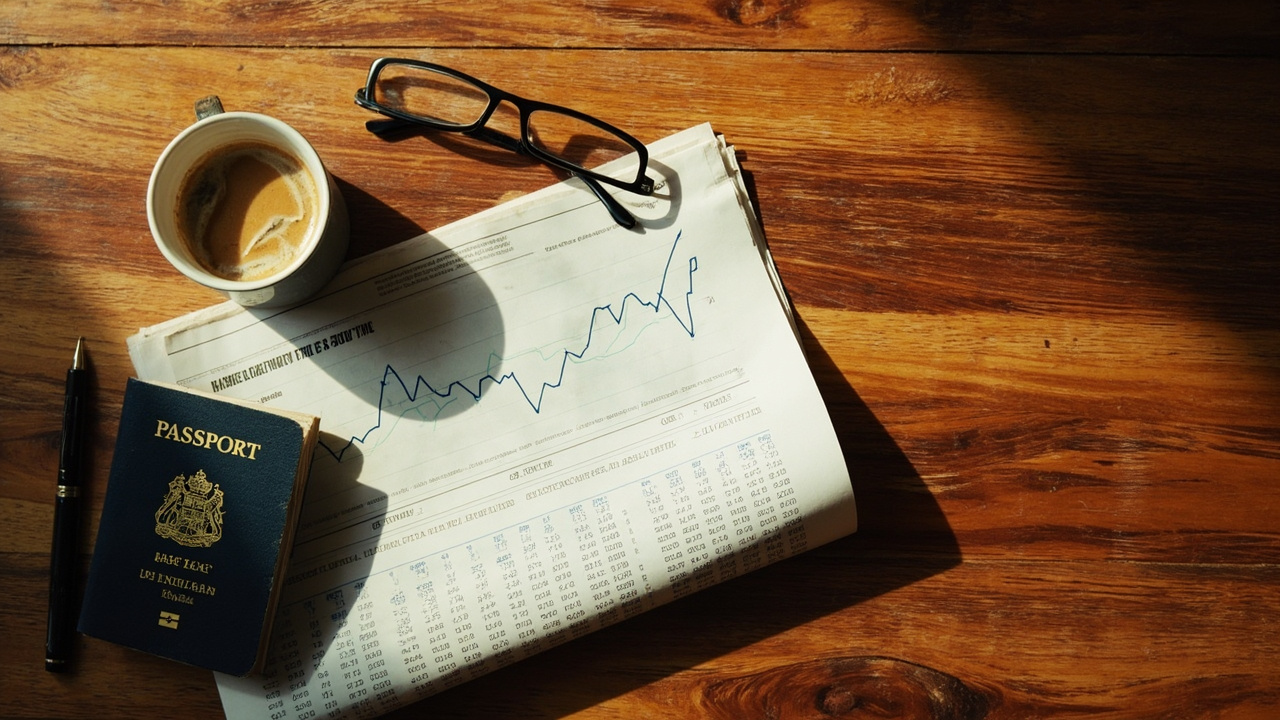 Overhead flat-lay of a folded newspaper-style page with a generic currency-rate chart, a coffee cup, and an Australian passport on a warm wooden desk