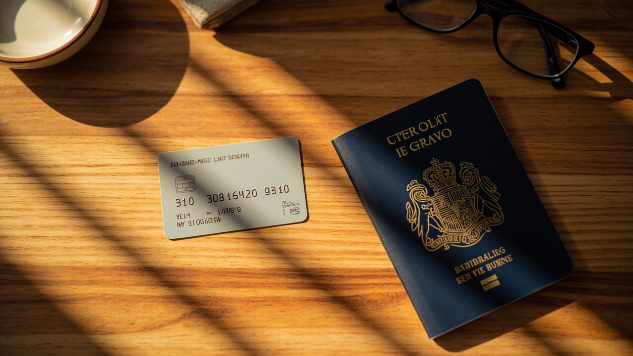 Overhead flat-lay of a plain credit card and a closed Australian passport on a warm wooden surface