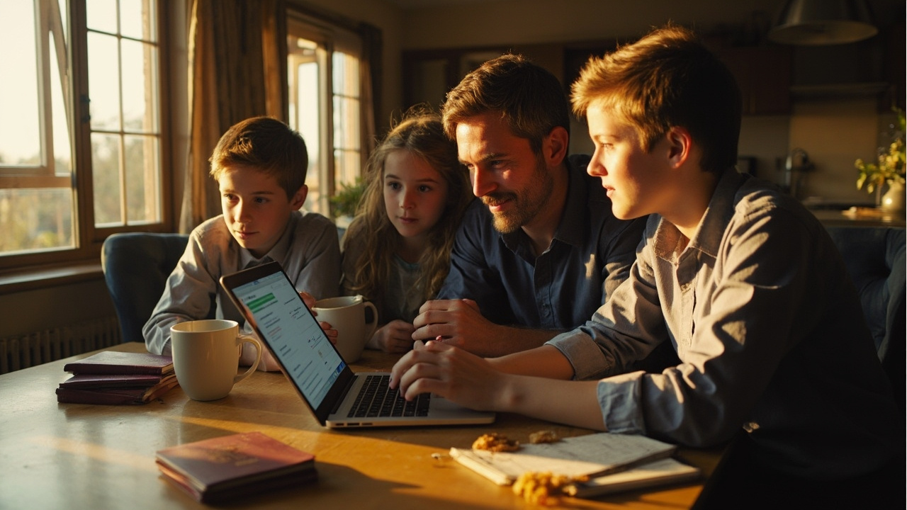 Australian family at home dining table sorting through multiple application screens on a laptop in warm afternoon light
