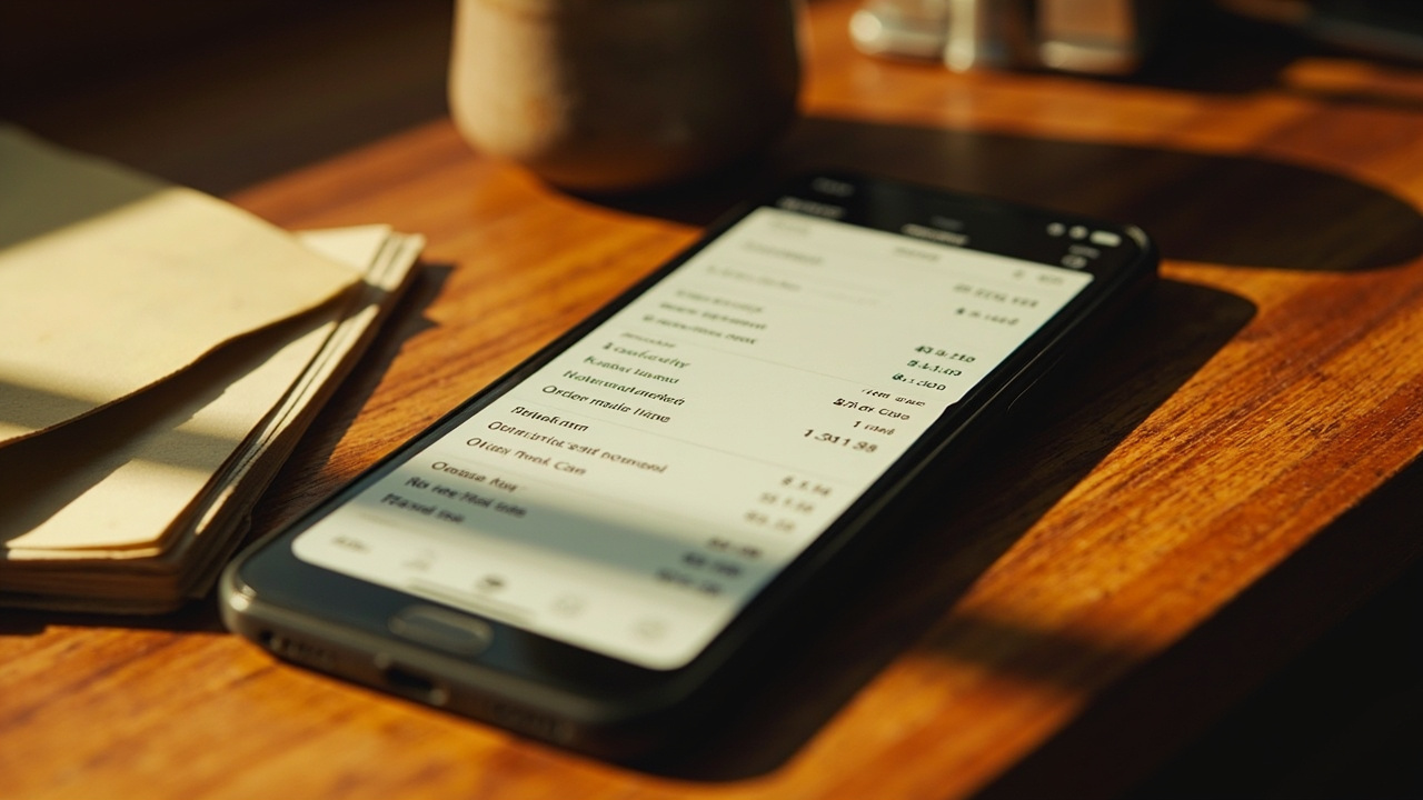 Close-up of a generic itemised receipt displayed on a smartphone resting on a warm wooden desk