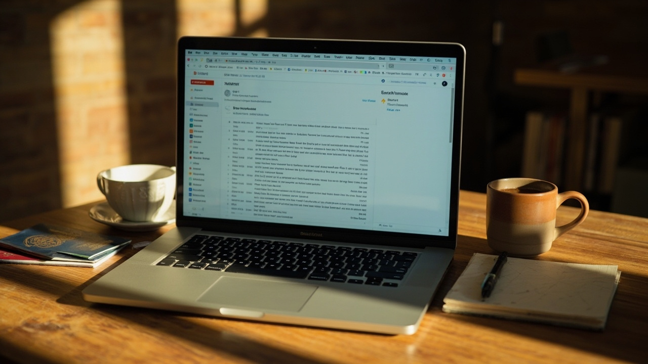 Close-up of a laptop screen showing a generic email inbox in warm afternoon light