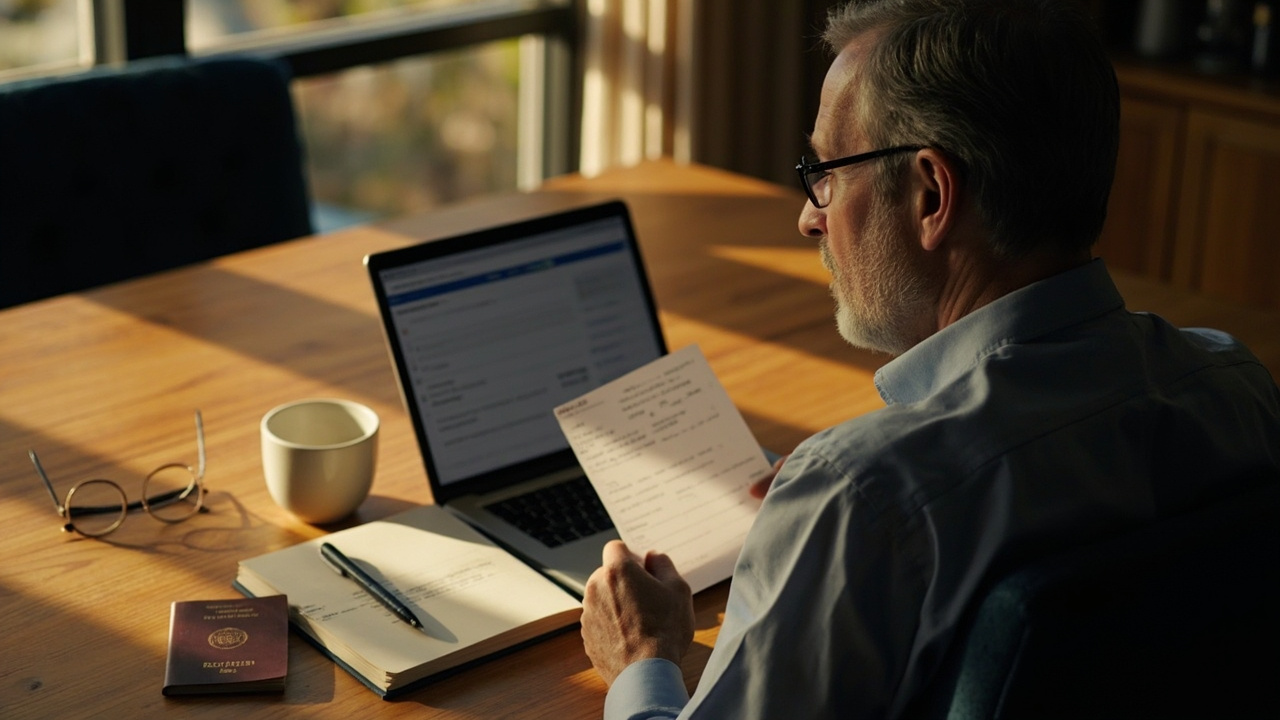 Australian business traveller at a warm timber home desk reviewing a printed receipt beside a laptop and a closed passport in soft afternoon window light