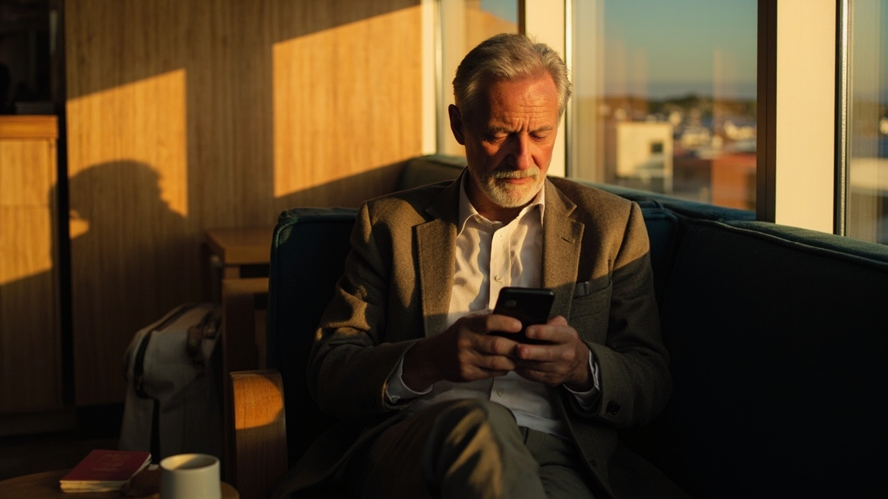 Australian business traveller seated in a warm-toned airport lounge area reviewing a phone with a closed passport on the table beside a coffee