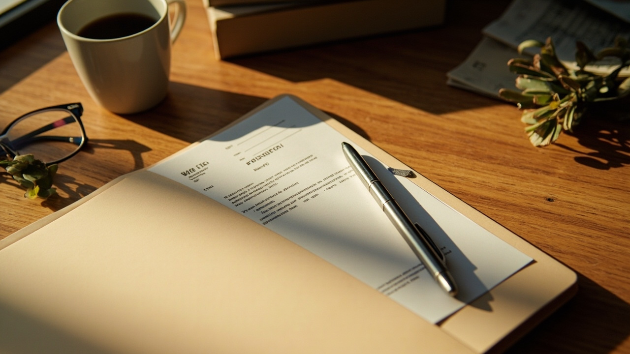 Open paper trip folder on a warm timber desk holding a receipt, a passport, and printed pages in soft natural light
