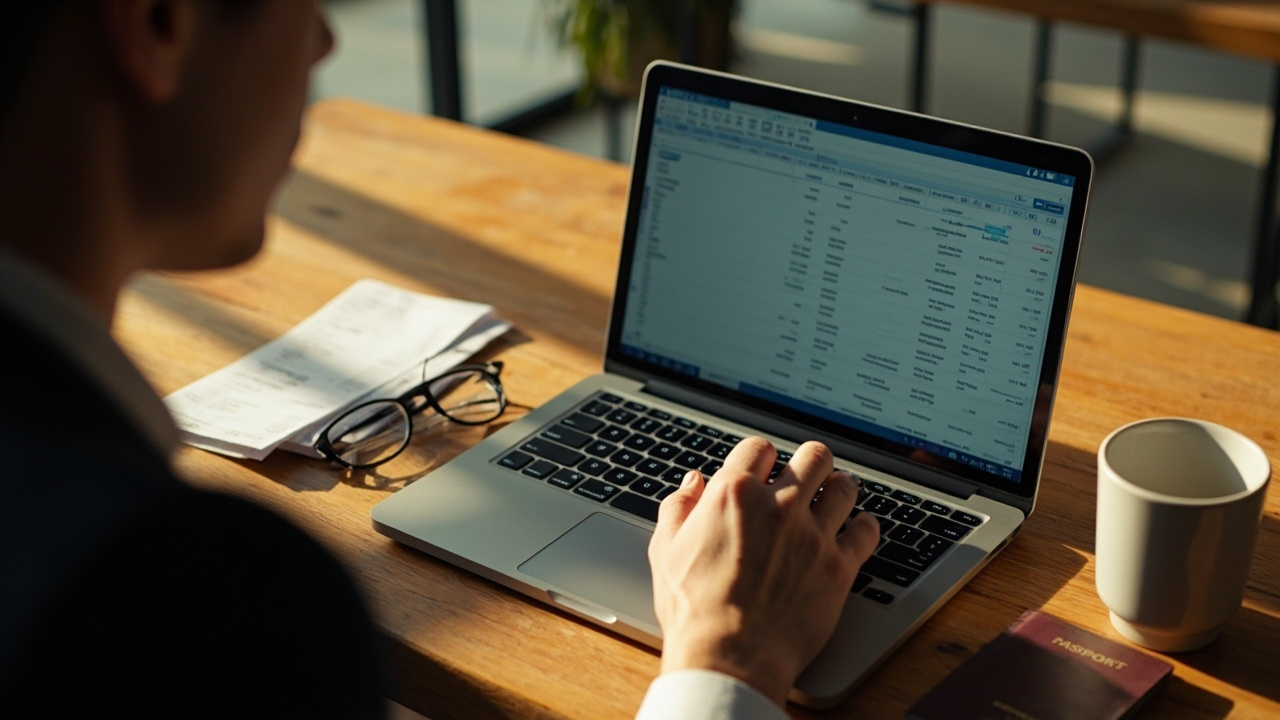 Australian sole trader at a laptop reviewing a generic spreadsheet of business expenses in soft afternoon window light