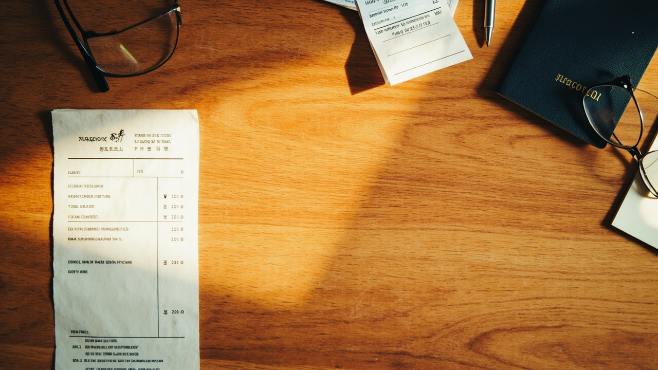 Overhead flat-lay of a paper receipt and a closed passport on a warm timber surface beside a pen and reading glasses
