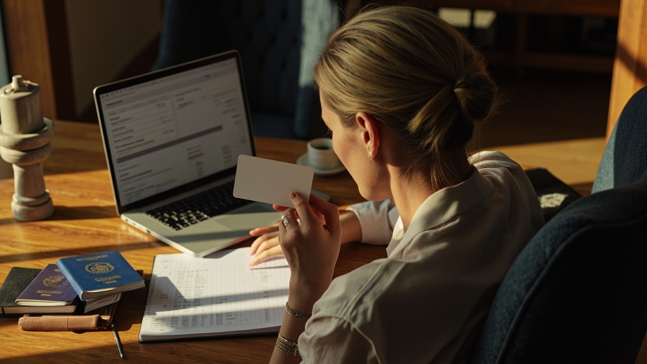 Australian office manager reviewing a multi-applicant visa invoice on a laptop with a corporate card and notebook in warm afternoon light