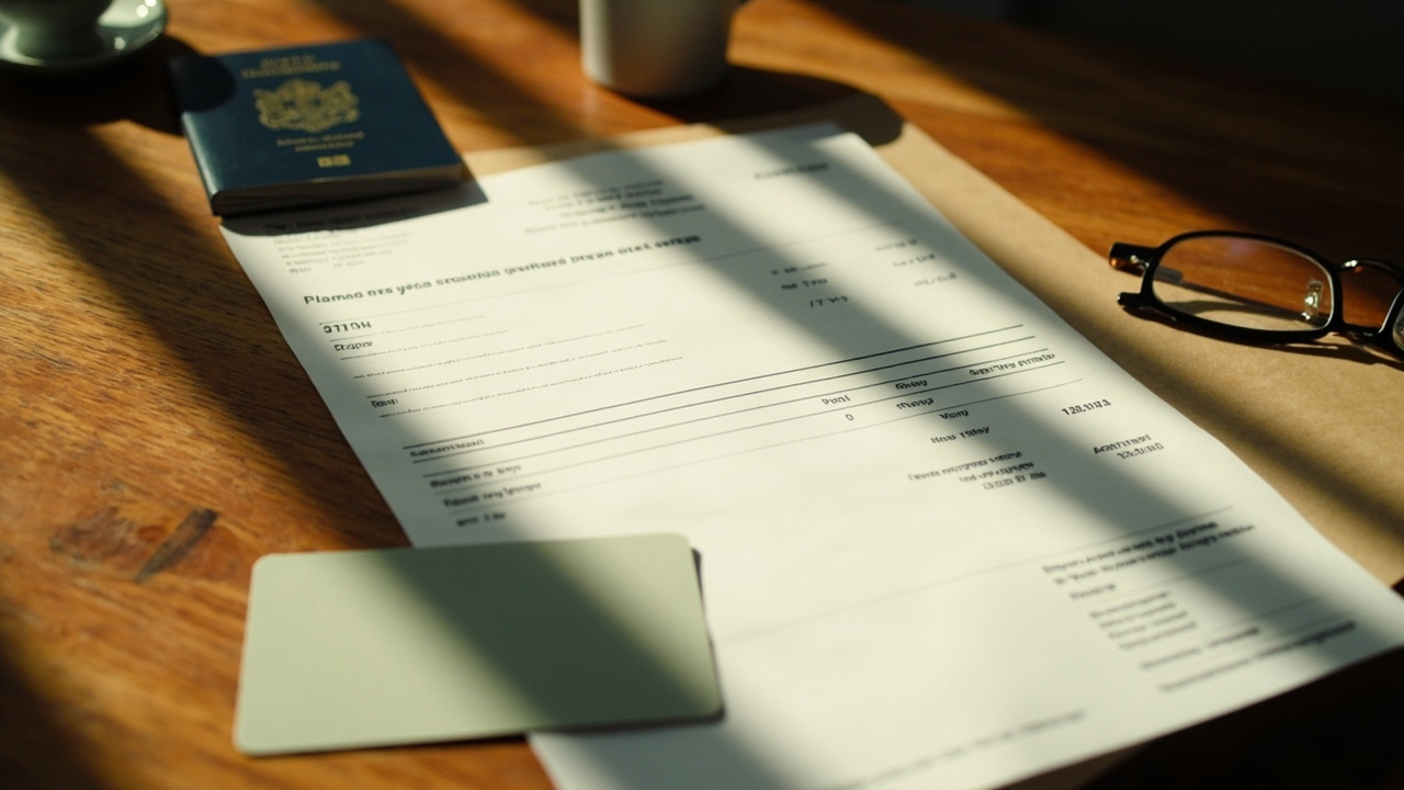 Editorial close-up of a printed invoice page with a billing block and itemised rows resting on a warm timber desk beside a corporate card