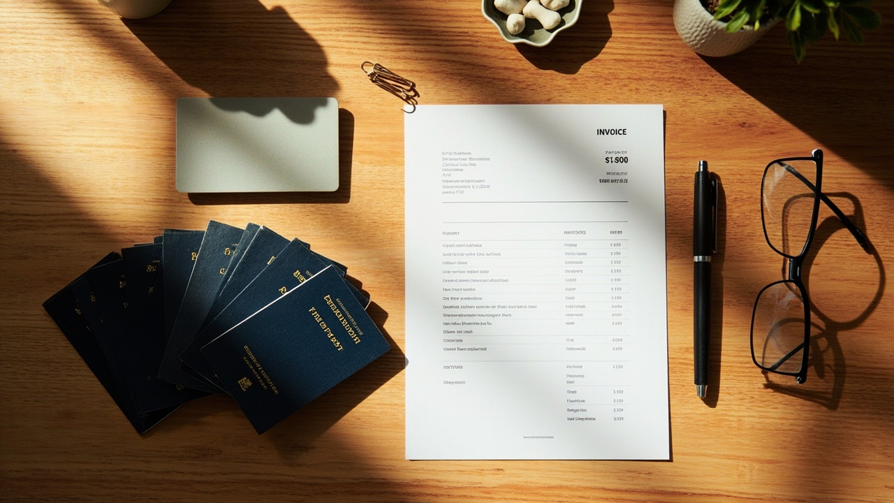 Overhead flat-lay of six closed Australian passports stacked beside a corporate card and a printed invoice page on warm timber