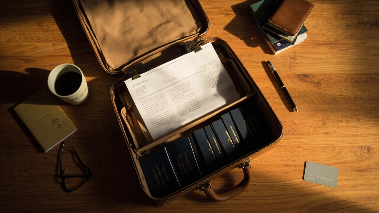 Editorial flat-lay of an open leather briefcase containing a stack of closed Australian passports a corporate card and a folded itinerary on a warm timber desk
