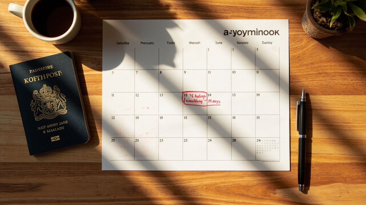 Overhead flat-lay of a paper calendar with two dates circled 14 days apart, a closed Australian passport beside it on a warm wooden desk