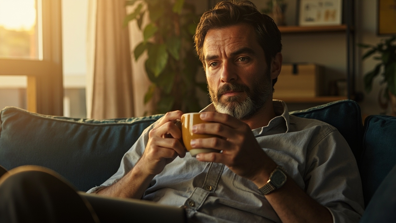 Australian traveller relaxed at home on a sofa with a morning coffee, calm body language, warm afternoon light through the window