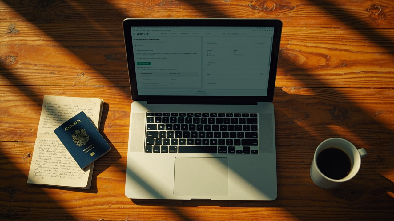 Overhead flat-lay of a generic side-by-side comparison page on a laptop, text intentionally soft, on a warm wooden desk with a closed Australian passport and a small notebook