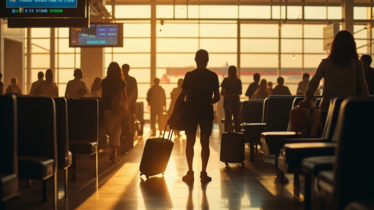 Australian traveller waiting in a Visa on Arrival queue inside a Cambodian airport arrival hall in soft afternoon light