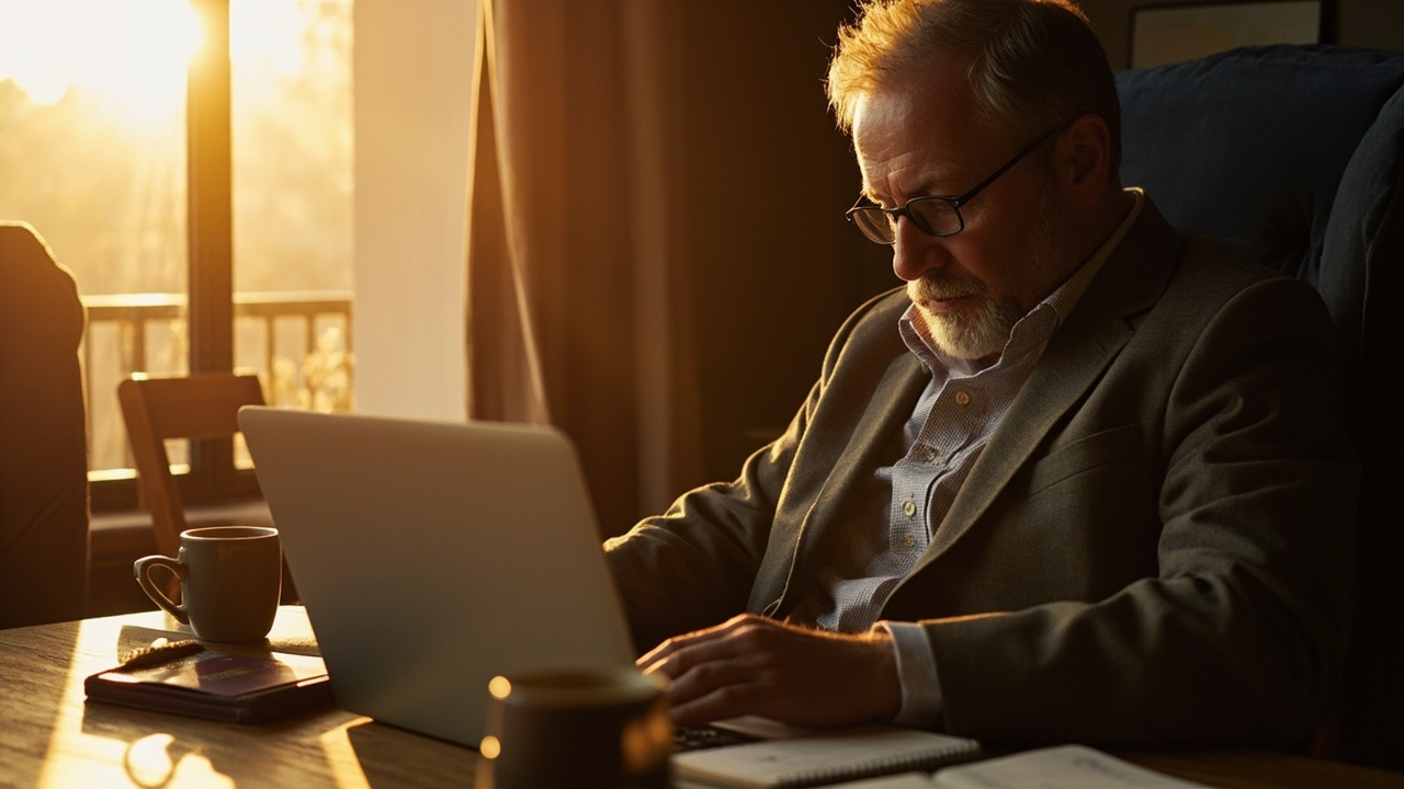 Australian traveller at a sunlit Friday-afternoon desk on a laptop, calm focused expression, warm light through the window