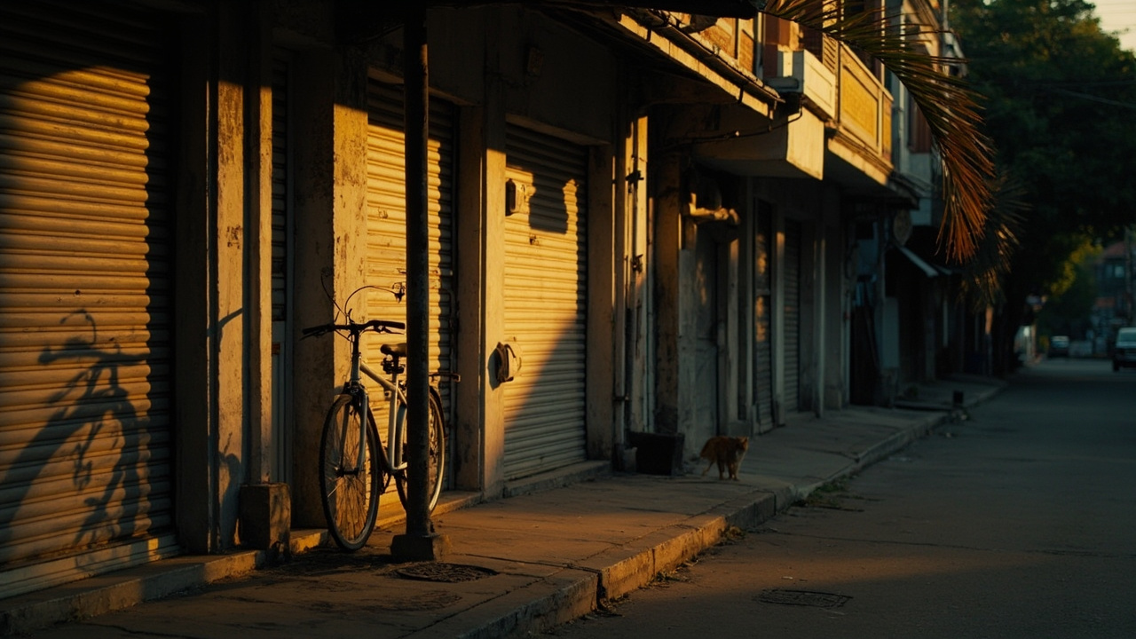Quiet Phnom Penh street scene at golden hour with closed-shopfront ambience, no specific signage visible