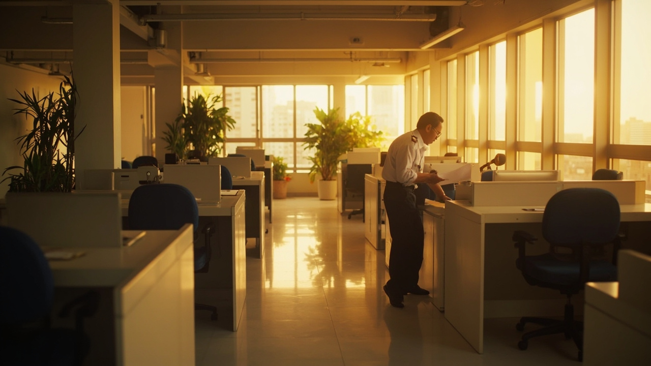 Modern Cambodian immigration office interior at warm afternoon light, generic open workspace, no specific signage